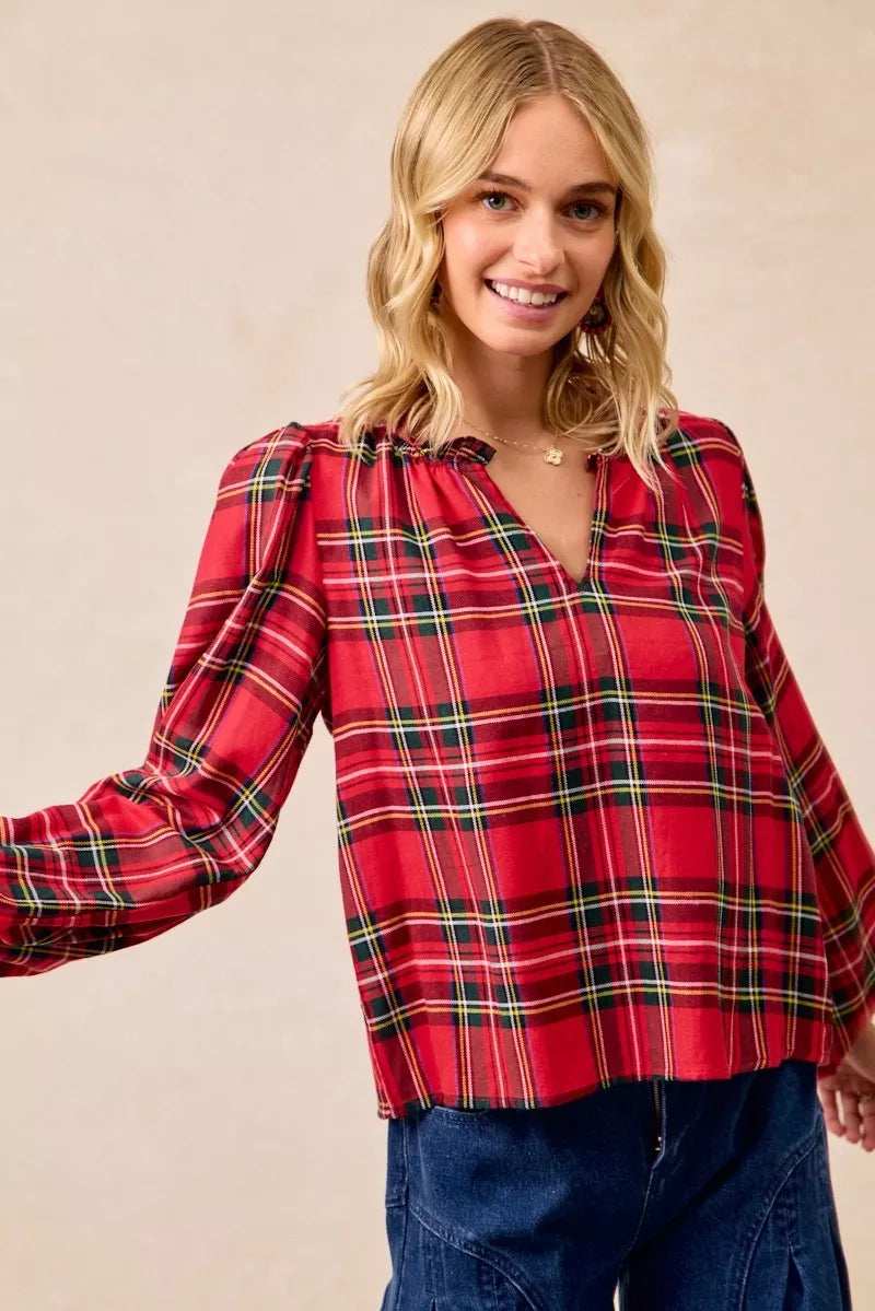 BiBi Christmas Plaid Balloon Sleeves Ruffled V-Neck Top - Trendsi - Flyclothing LLC