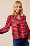 BiBi Christmas Plaid Balloon Sleeves Ruffled V-Neck Top - Trendsi - Flyclothing LLC
