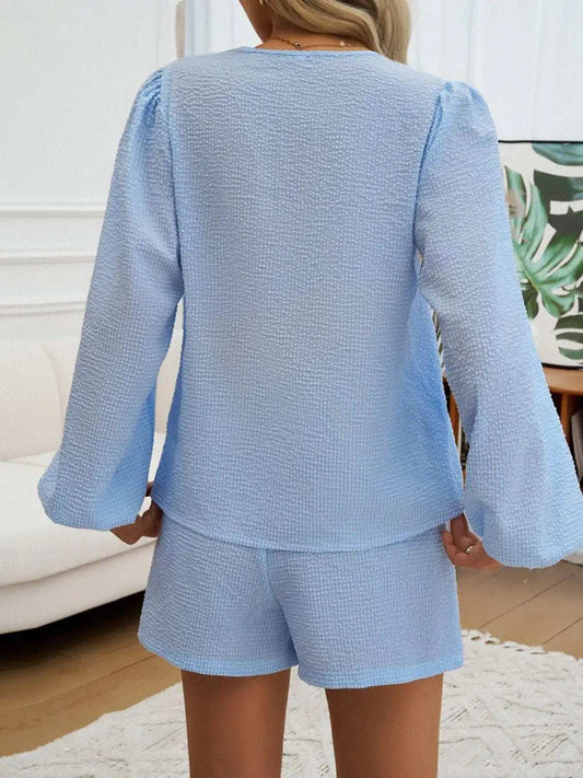Tied Long Sleeve Top and Shorts Set - Trendsi - Flyclothing LLC