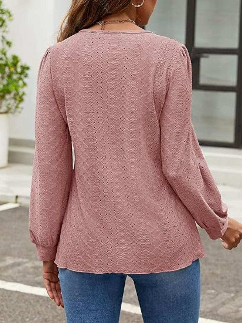 Eyelet Round Neck Long Sleeve Top - Trendsi - Flyclothing LLC