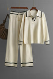 Contrast Trim Johnny Collar Top and Drawstring Pants Sweater Set - Trendsi - Flyclothing LLC