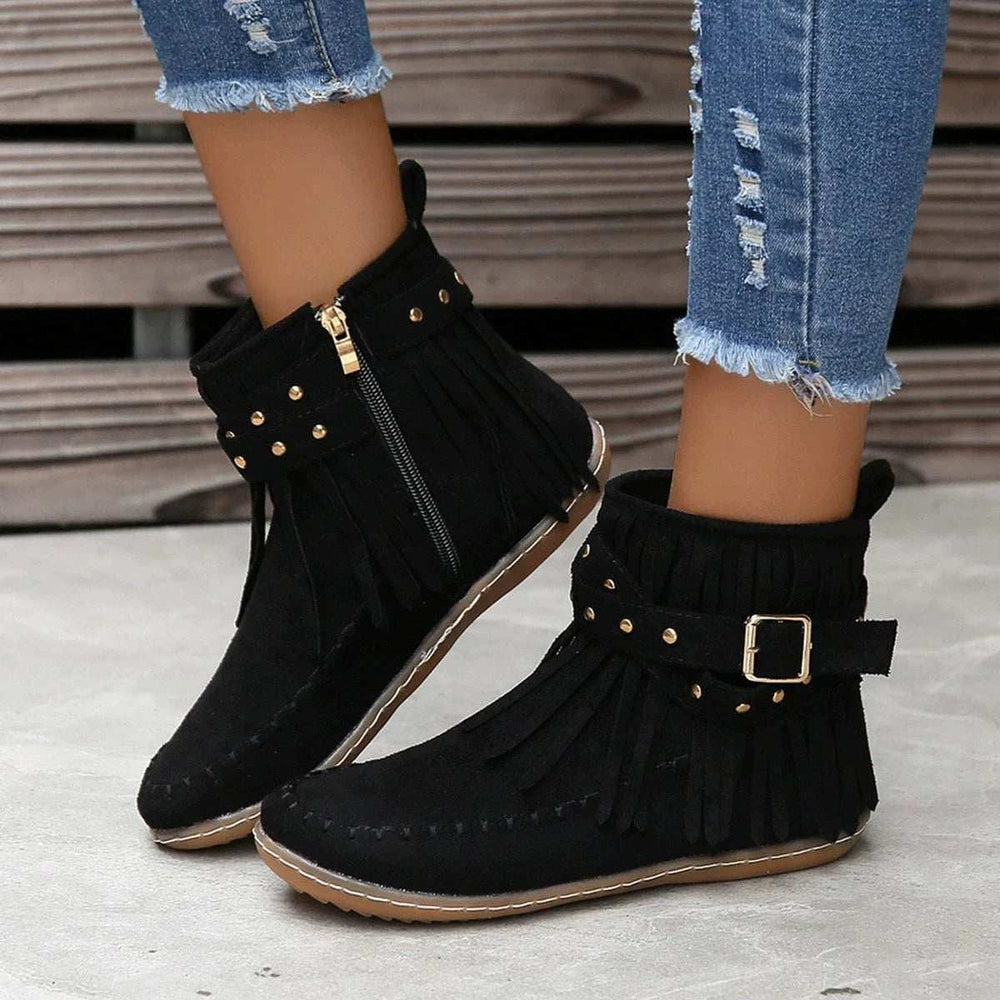 Fringe Studded Suede Flat Boots - Trendsi - Flyclothing LLC