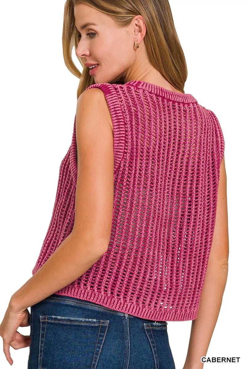 Zenana Acid Washed Fishnet Sweater Vest - Trendsi - Flyclothing LLC