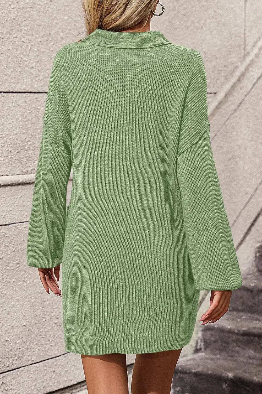 Collared Neck Long Sleeve Sweater Dress with Pockets - Trendsi - Flyclothing LLC