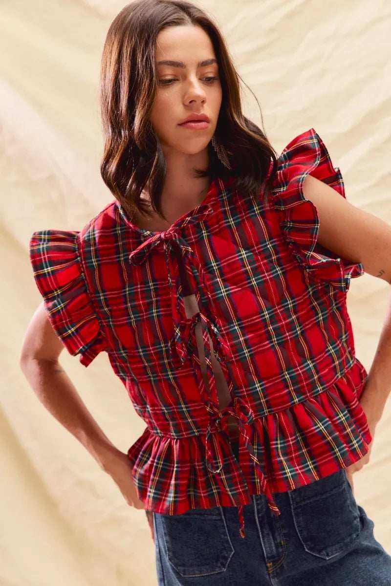 SO ME Christmas Holiday Plaid Ruffled Quilt Vest Top - Trendsi - Flyclothing LLC