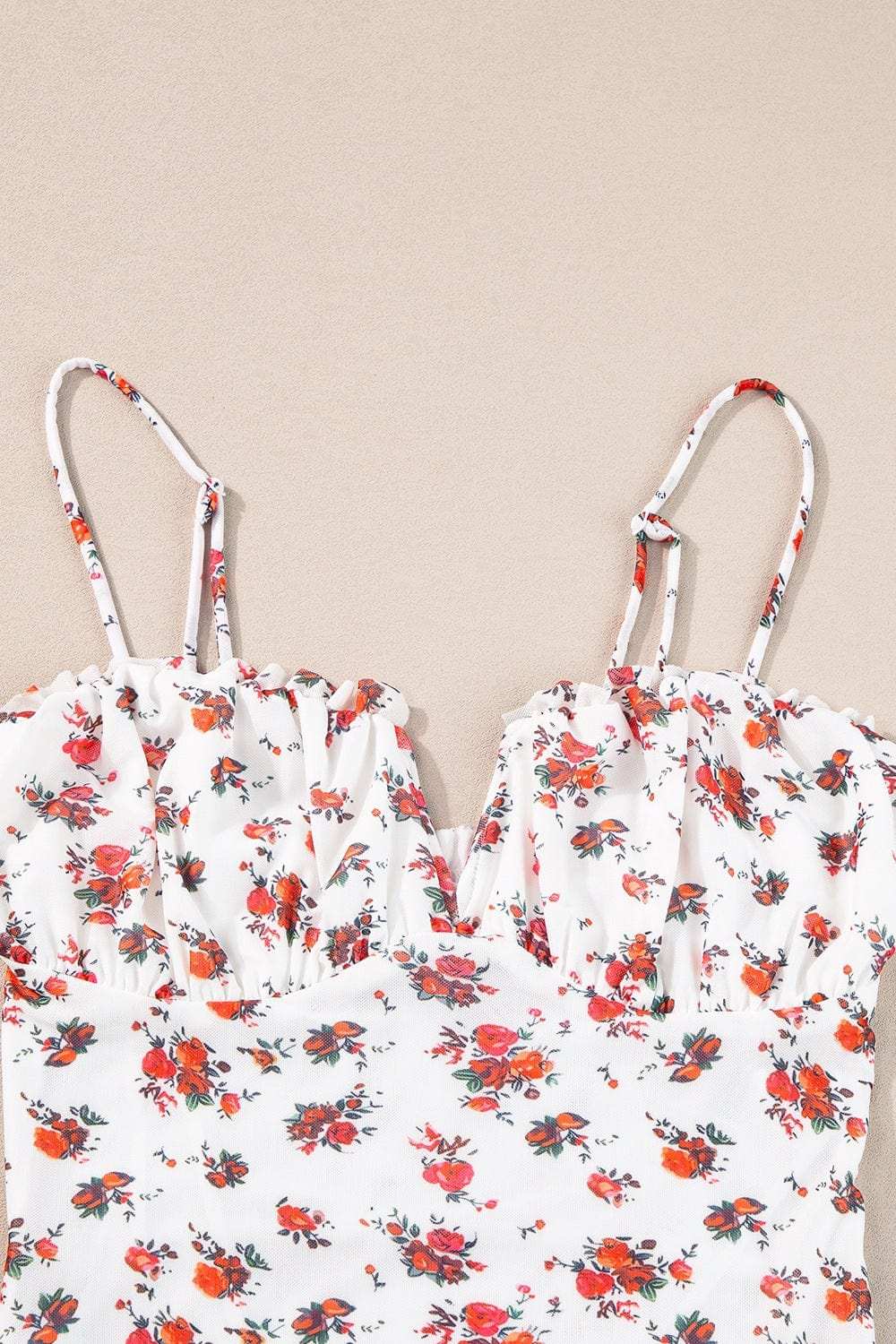 Floral Frilled Trim Spaghetti Straps Bodysuit - Trendsi - Flyclothing LLC