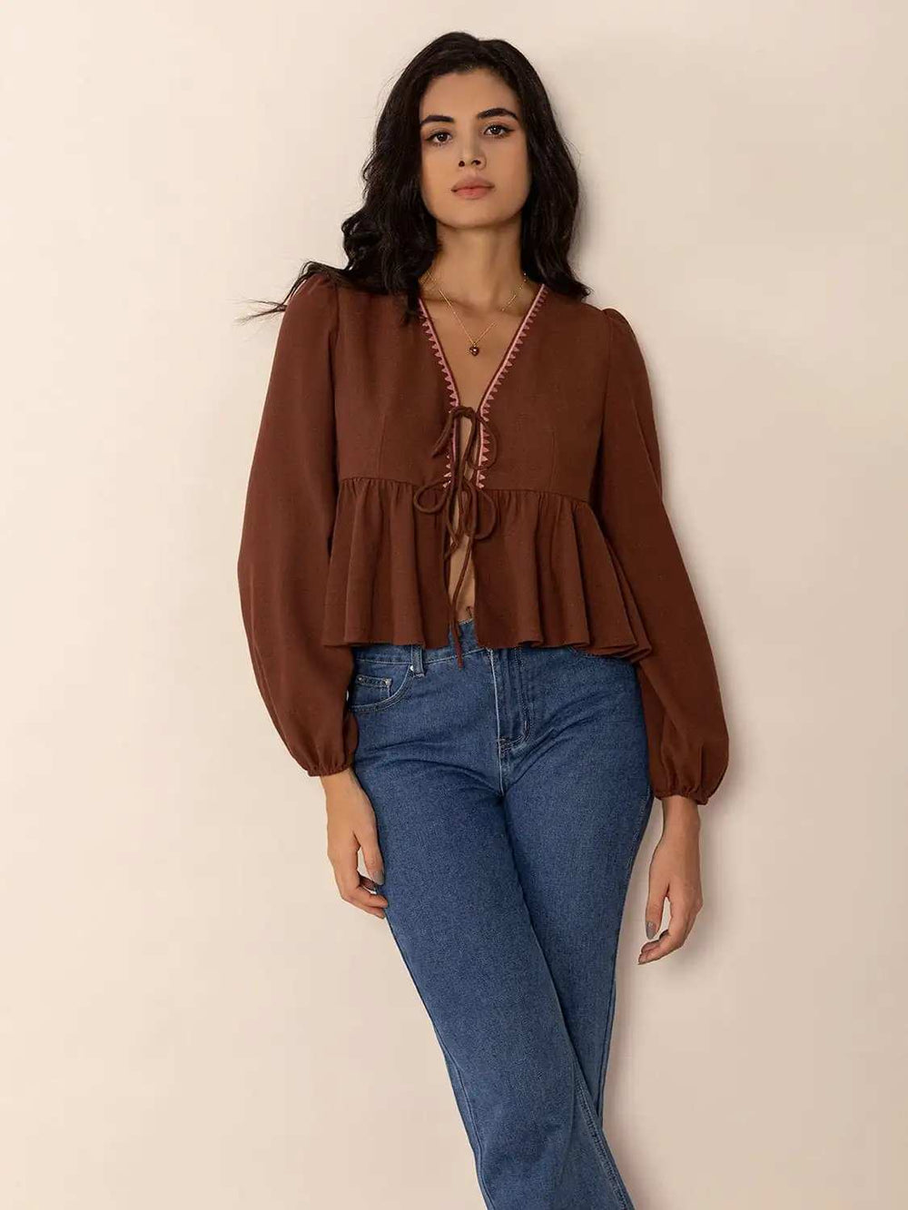 Peplum Tied V-Neck Long Sleeve Blouse - Trendsi - Flyclothing LLC