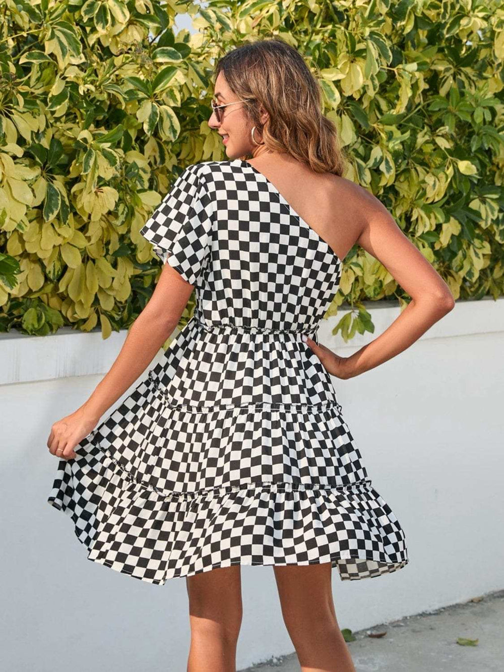 Checkered Single Shoulder Mini Dress - Trendsi - Flyclothing LLC