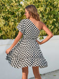 Checkered Single Shoulder Mini Dress - Trendsi - Flyclothing LLC