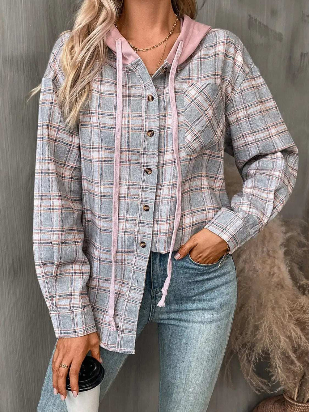 Plaid Long Sleeve Hooded Jacket - Trendsi - Flyclothing LLC