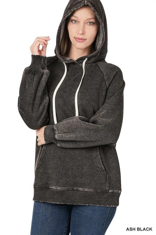 Zenana Acid Wash Fleece Hoodie with Drawstring - Trendsi - Flyclothing LLC