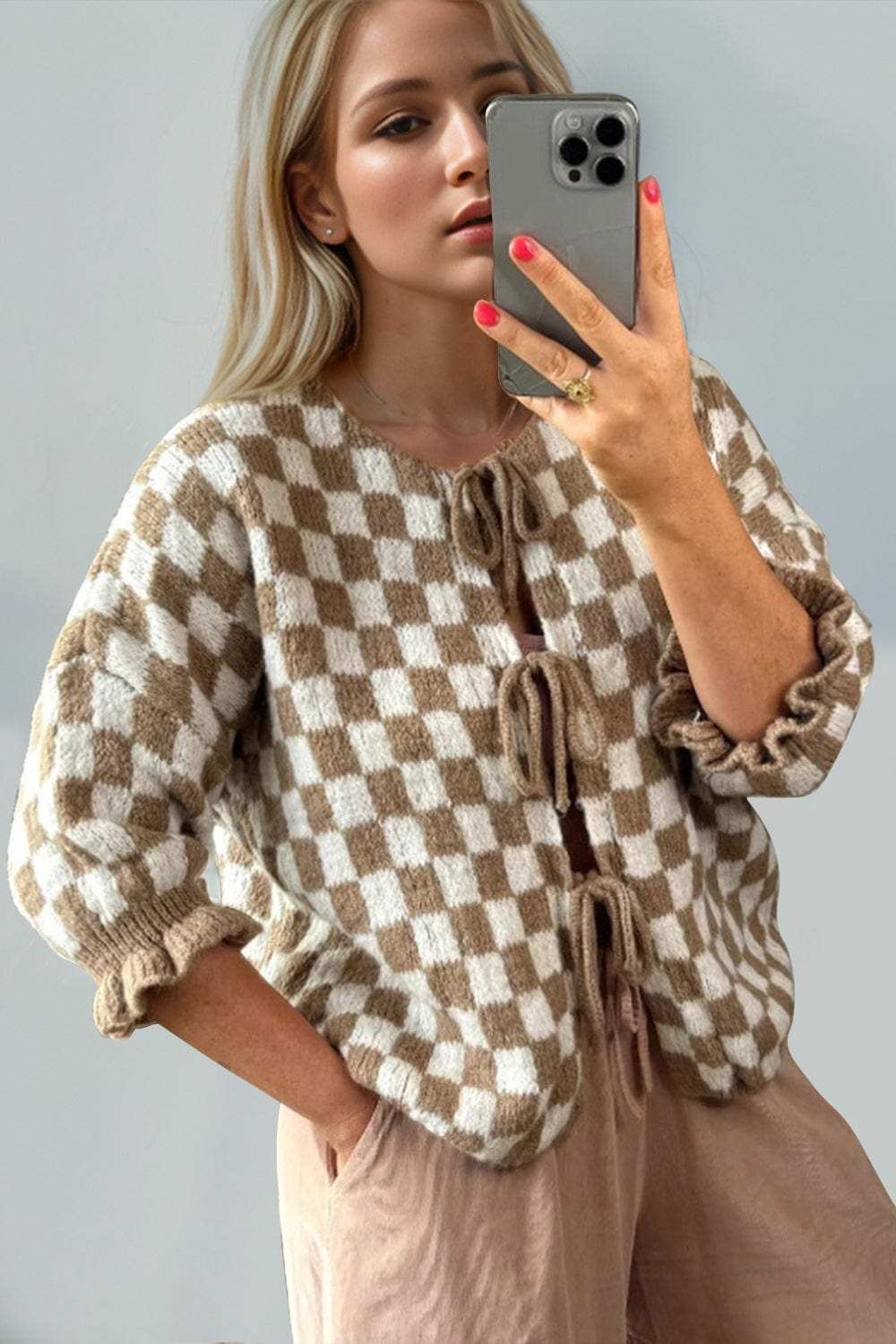 Double Take Tied Checkered Dropped Shoulder Flounce Sleeve Cardigan - Trendsi - Flyclothing LLC