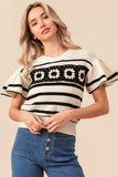 BiBi Granny Square Short Sleeve Striped Sweater - Trendsi - Flyclothing LLC