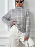 Plaid Turtleneck Long Sleeve Sweater - Trendsi - Flyclothing LLC