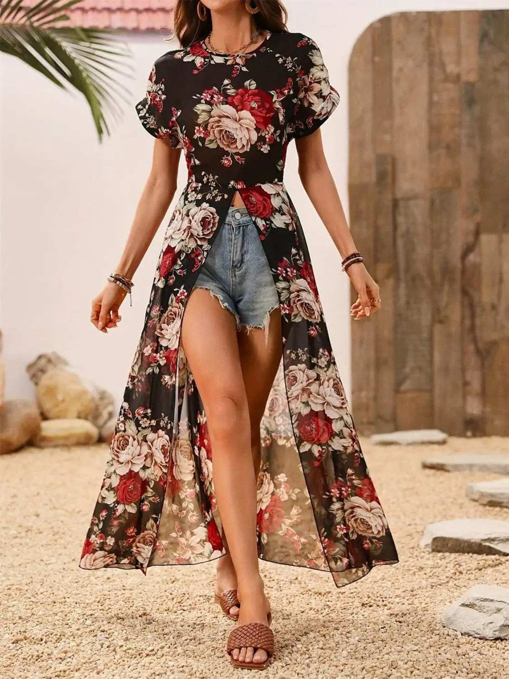 Slit Rose Printed Round Neck Short Sleeve Blouse - Trendsi - Flyclothing LLC