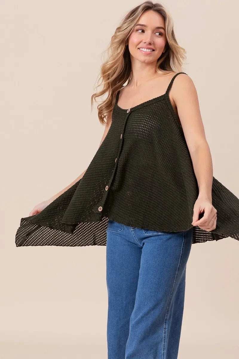 BiBi Popcorn Waffle Knit with Buttoned Front Cami Top - Trendsi - Flyclothing LLC