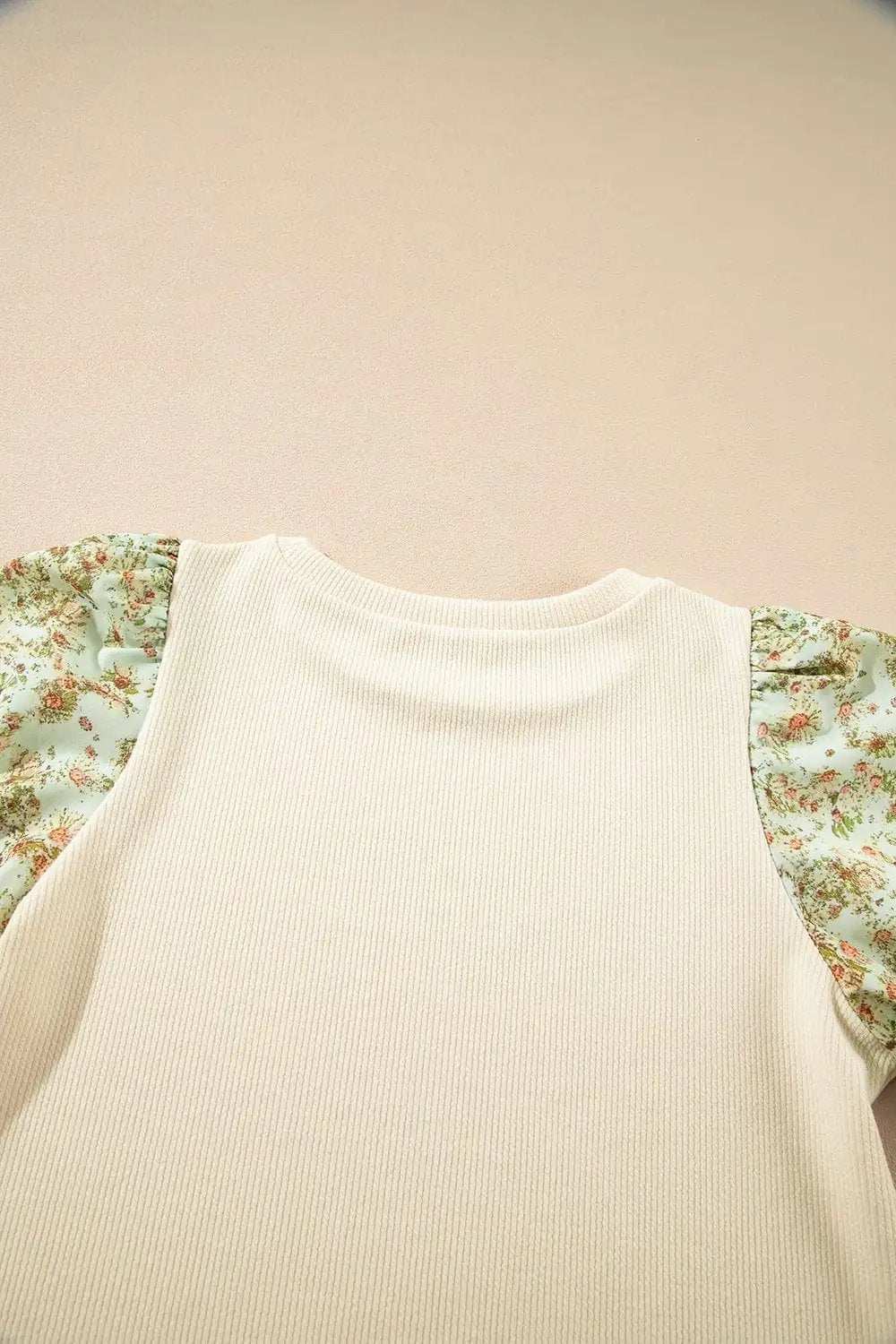Floral Puff Sleeve Ribbed Blouse - Trendsi - Flyclothing LLC