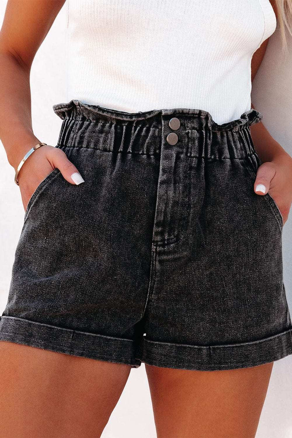 Paperbag Waist Denim Shorts with Pockets - Trendsi - Flyclothing LLC