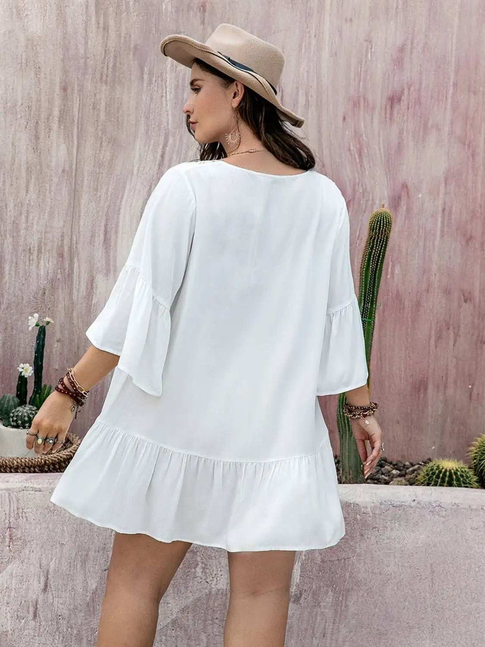 Plus Size Lace Detail Tie Neck Three-Quarter Sleeve Mini Dress - Trendsi - Flyclothing LLC