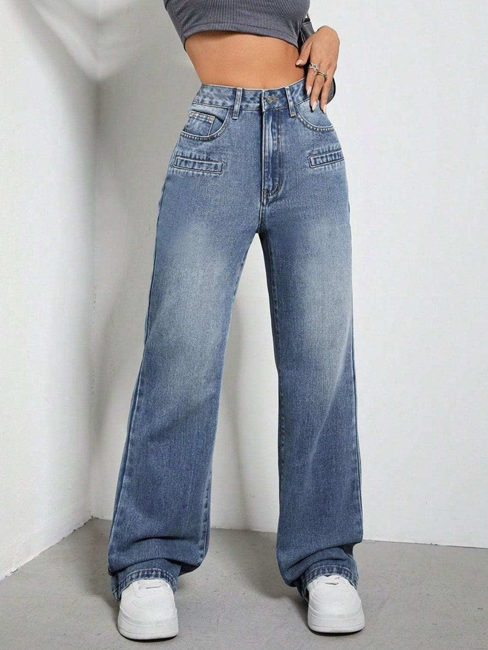 High Rise Wide Leg Jeans with Pockets - Trendsi - Flyclothing LLC