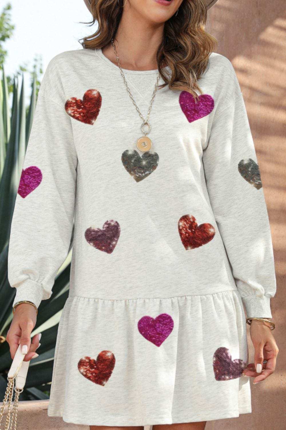 Sequin Heart Round Neck Long Sleeve Mini Dress - Trendsi - Flyclothing LLC