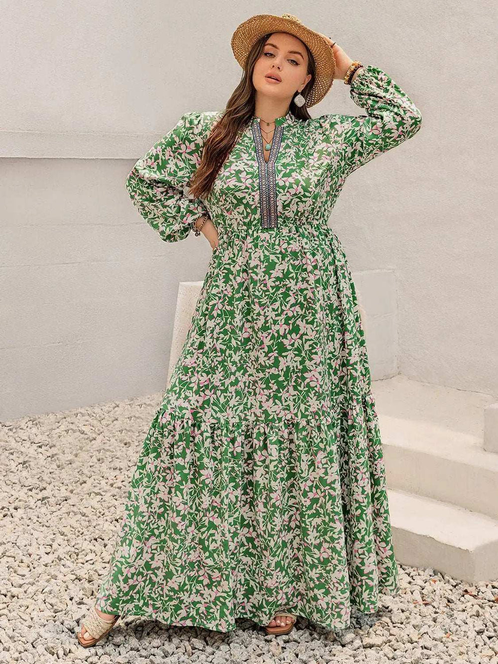 Plus Size Printed Notched Long Sleeve Maxi Dress - Trendsi - Flyclothing LLC