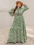 Plus Size Printed Notched Long Sleeve Maxi Dress - Trendsi - Flyclothing LLC