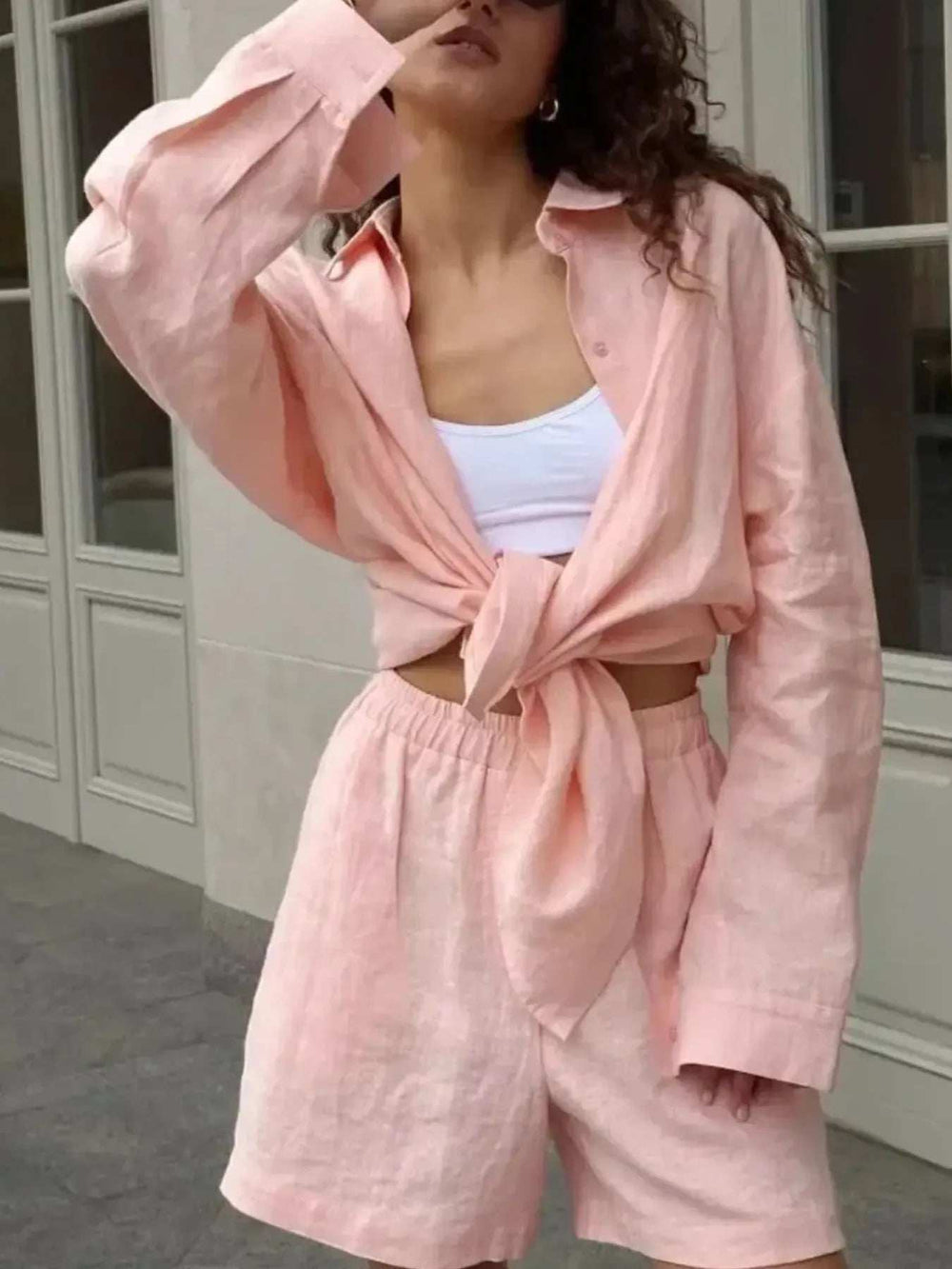 Button Up Long Sleeve Shirt and Shorts Set - Trendsi - Flyclothing LLC