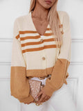 Color Block V-Neck Button Down Long Sleeve Cardigan - Trendsi - Flyclothing LLC