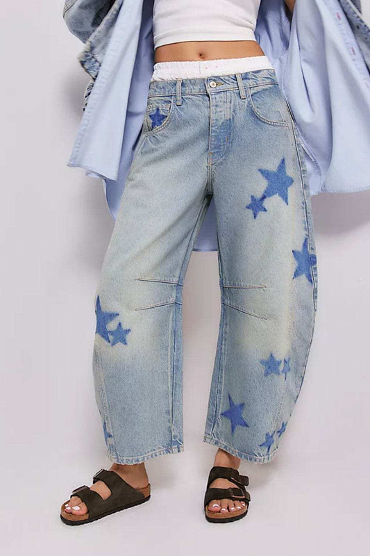 Contrast Star Wide Leg Jeans - Trendsi - Flyclothing LLC