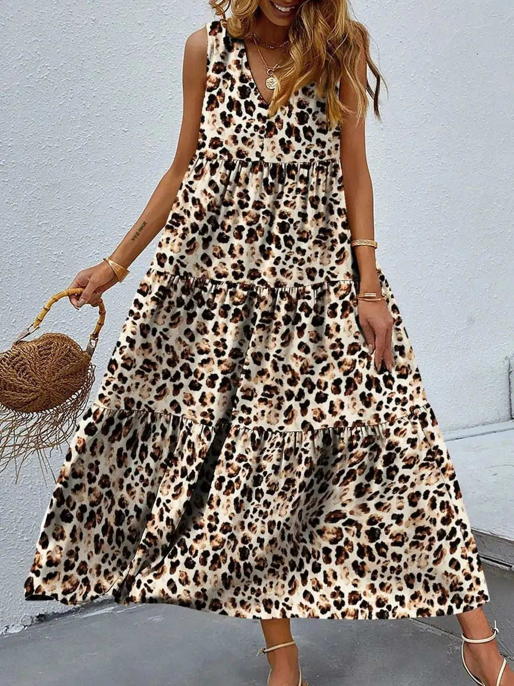Printed V-Neck Tiered Maxi Tank Dress - Trendsi - Flyclothing LLC