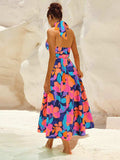 Ruched Printed Halter Neck Sleeveless Dress - Trendsi - Flyclothing LLC