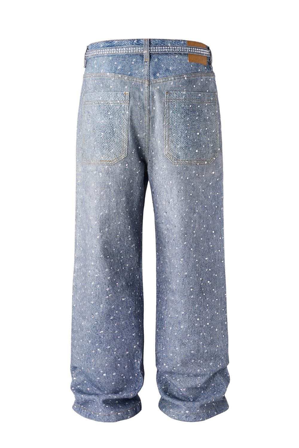 Men's Washed Rhinestone Jeans with Rhinestone Belt - Trendsi - Flyclothing LLC
