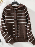 Striped Button Up Long Sleeve Hooded Cardigan - Trendsi - Flyclothing LLC
