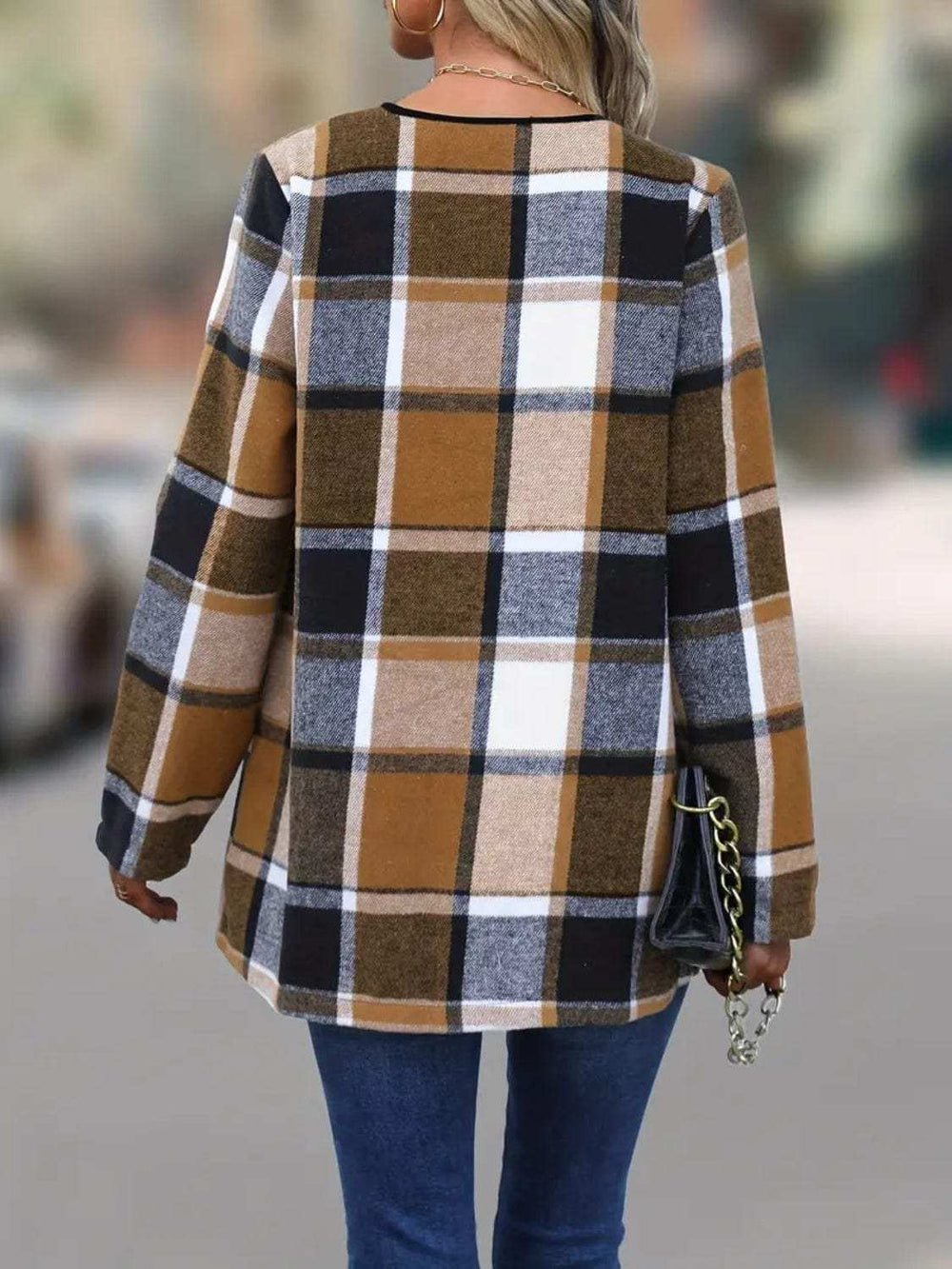 Plaid Open Front Long Sleeve Jacket - Trendsi - Flyclothing LLC
