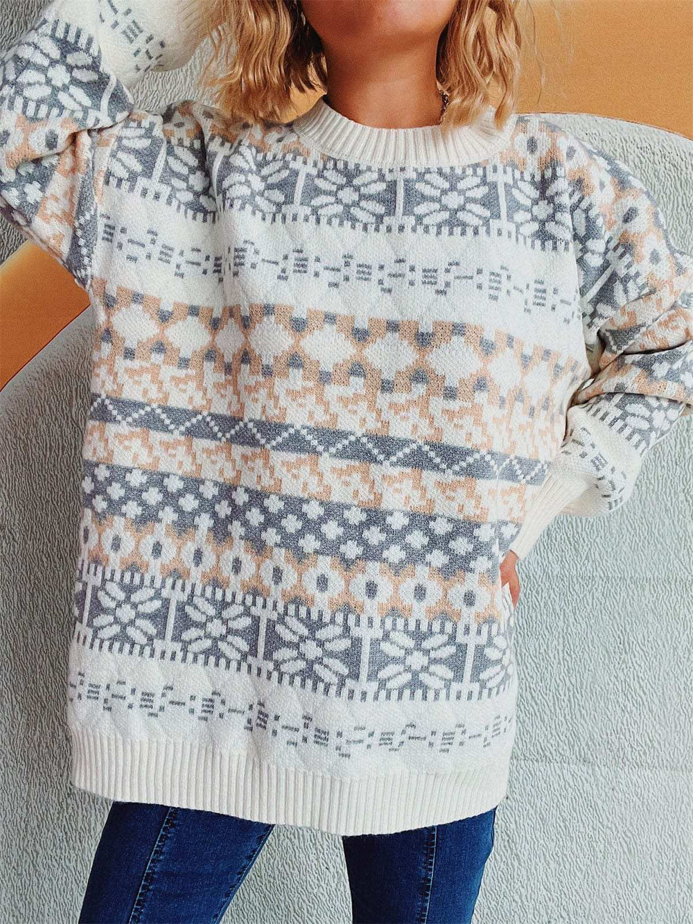 Geometric Round Neck Dropped Shoulder Sweater - Trendsi - Flyclothing LLC