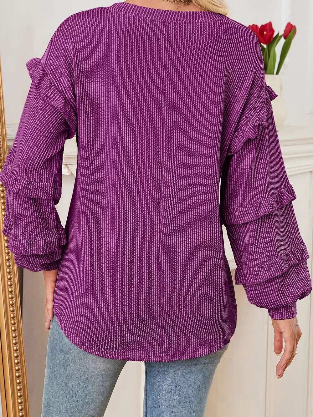 Round Neck Ruffled Long Sleeve Sweatshirt - Trendsi - Flyclothing LLC