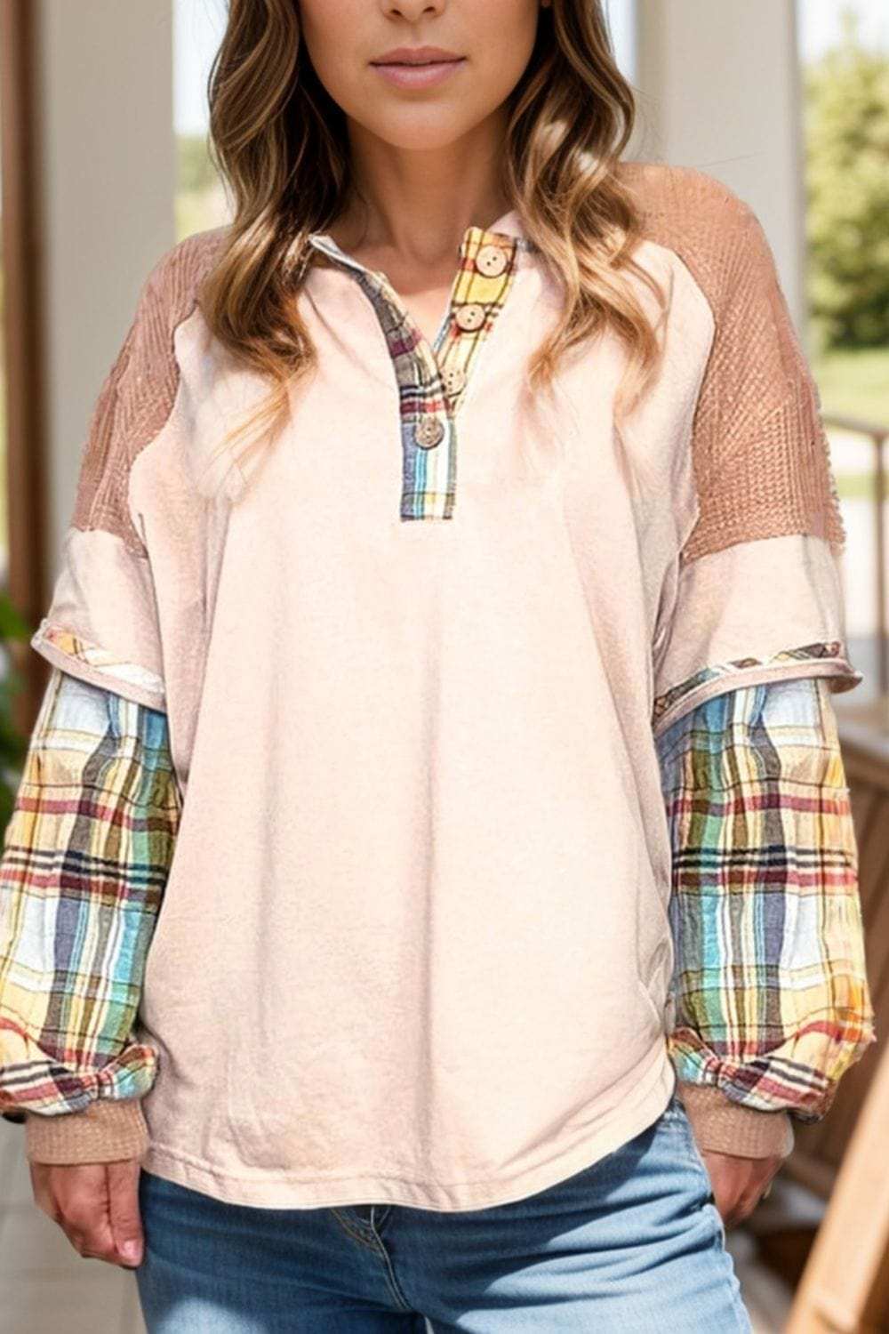 Plus Size Waffle-Knit Detail Plaid Round Neck Top - Trendsi - Flyclothing LLC