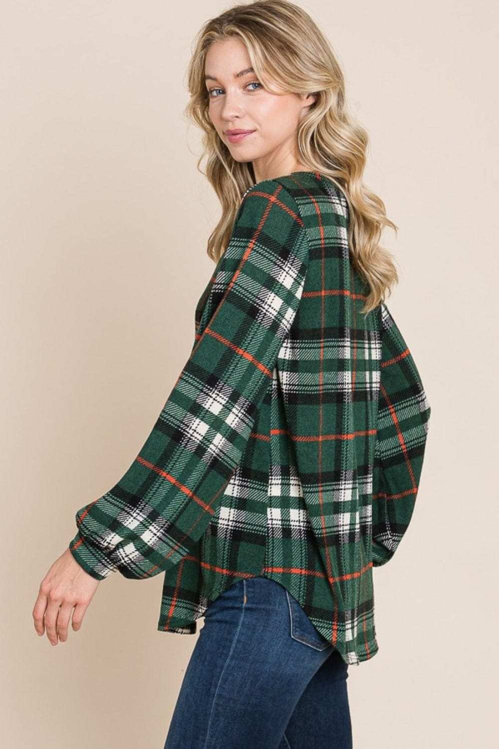 BOMBOM Curved Hem Plaid Round Neck Long Sleeve Top - Trendsi - Flyclothing LLC