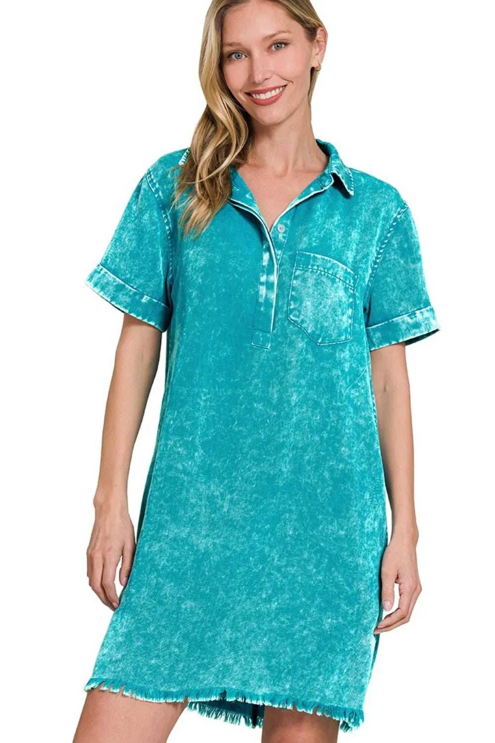 Zenana Tencel Mineral Washed Collared Shirts Dress - Trendsi - Flyclothing LLC