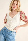 And The Why Full Size Floral Print Textured Sleeve Knit Top - Trendsi - Flyclothing LLC