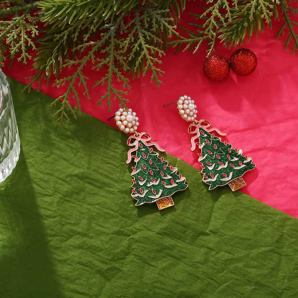 Christmas Tree Dangle Earrings with Pearl - Trendsi - Flyclothing LLC