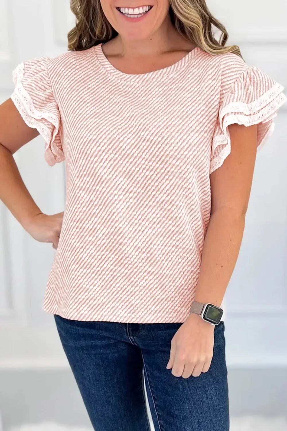 Twilled Print Lace Trim Ruffled Short Sleeve Blouse - Trendsi - Flyclothing LLC