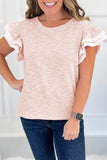 Twilled Print Lace Trim Ruffled Short Sleeve Blouse - Trendsi - Flyclothing LLC