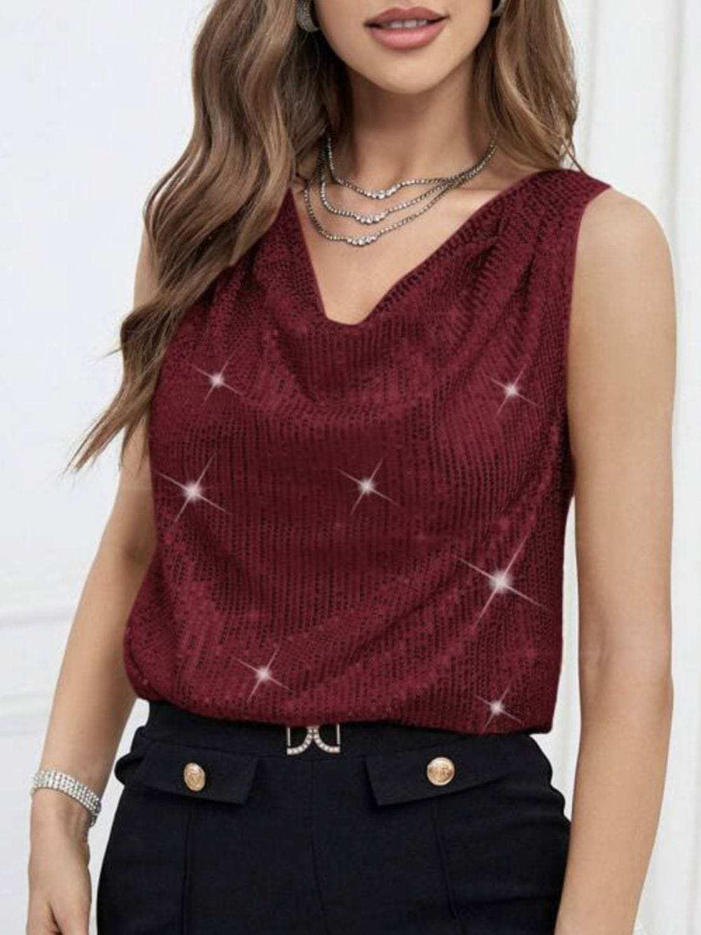 Sequin Cowl Neck Tank - Trendsi - Flyclothing LLC