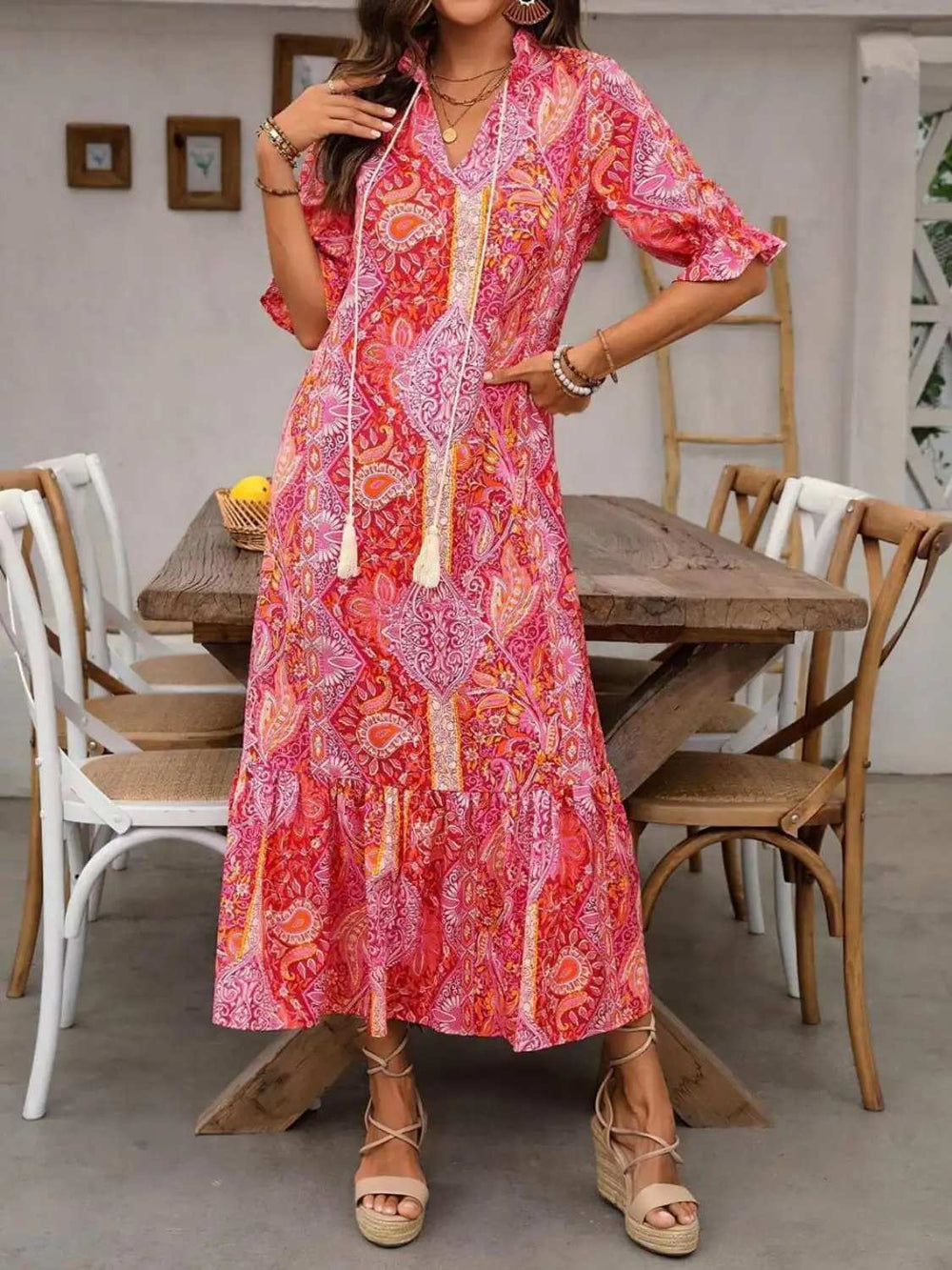 Printed Tie Neck Flounce Sleeve Midi Dress - Trendsi - Flyclothing LLC