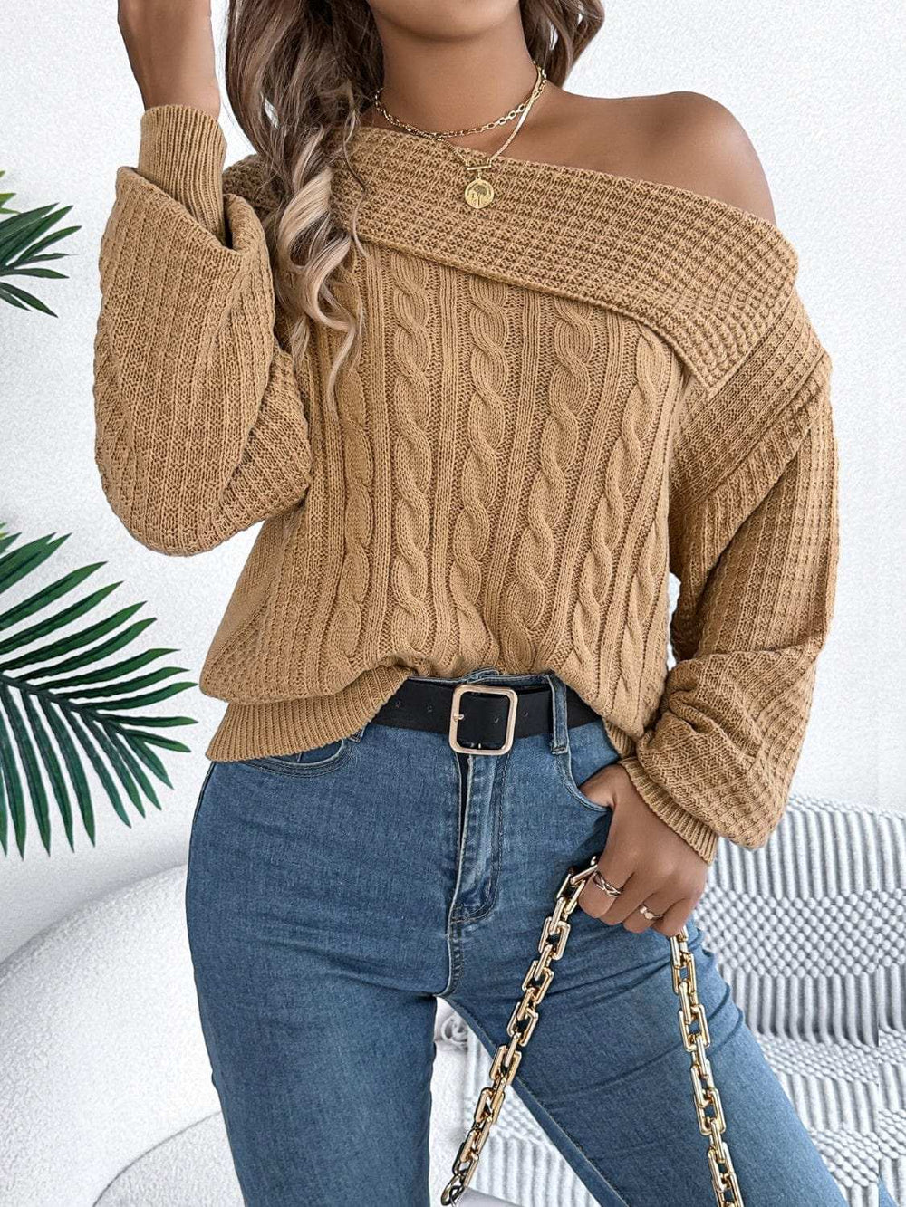 Cable-Knit One Shoulder Long Sleeve Sweater - Trendsi - Flyclothing LLC