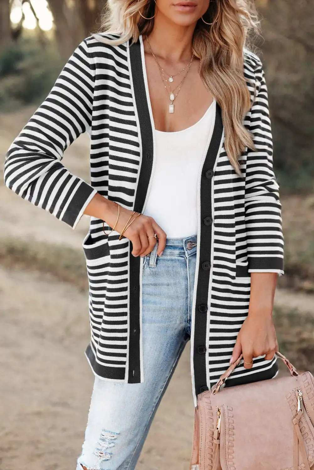 Striped Open Front Long Sleeve Cardigan - Trendsi - Flyclothing LLC