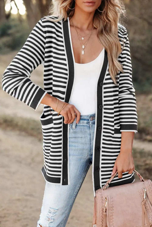 Striped Open Front Long Sleeve Cardigan - Trendsi - Flyclothing LLC
