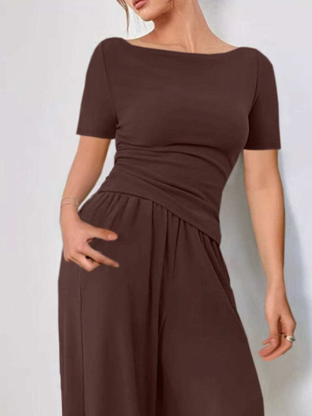 Round Neck Short Sleeve T-Shirt and Pants Set - Trendsi - Flyclothing LLC